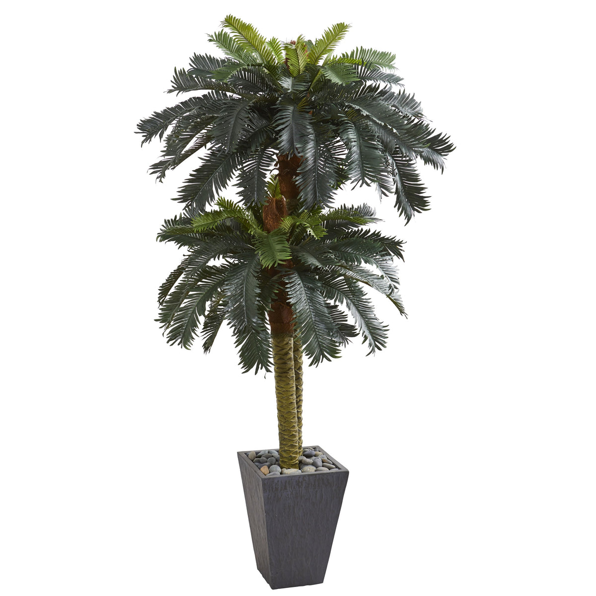 6' Double Sago Palm Artificial Tree Slate Finished Planter by Nearly Natural