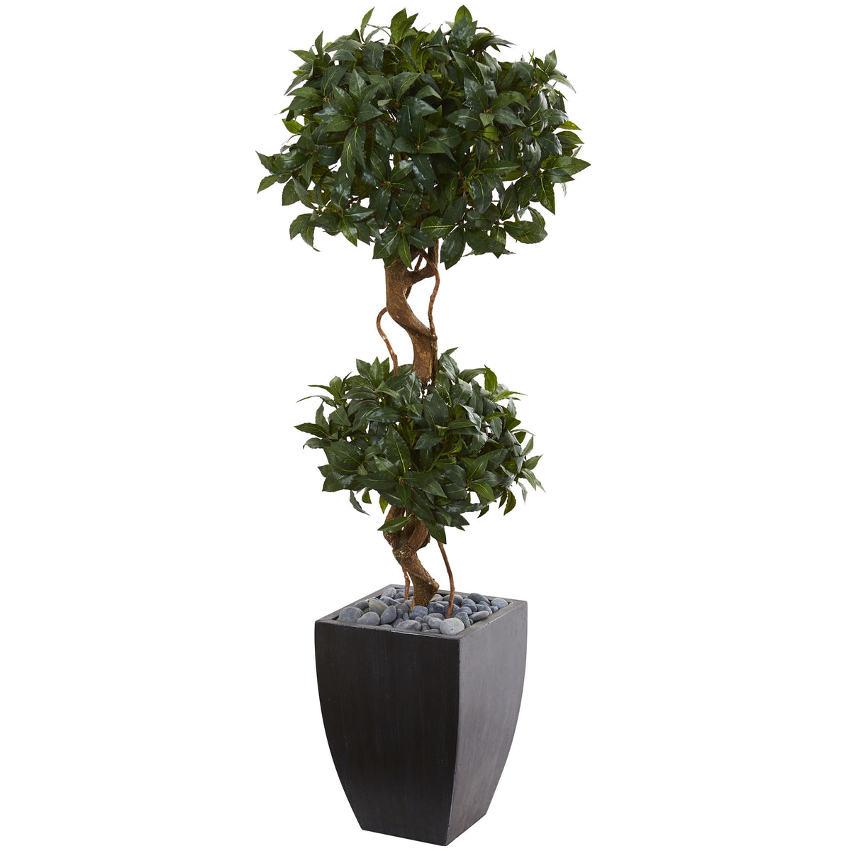 4.5' Sweet Bay Double Topiary Tree in Black Wash Planter by Nearly Natural