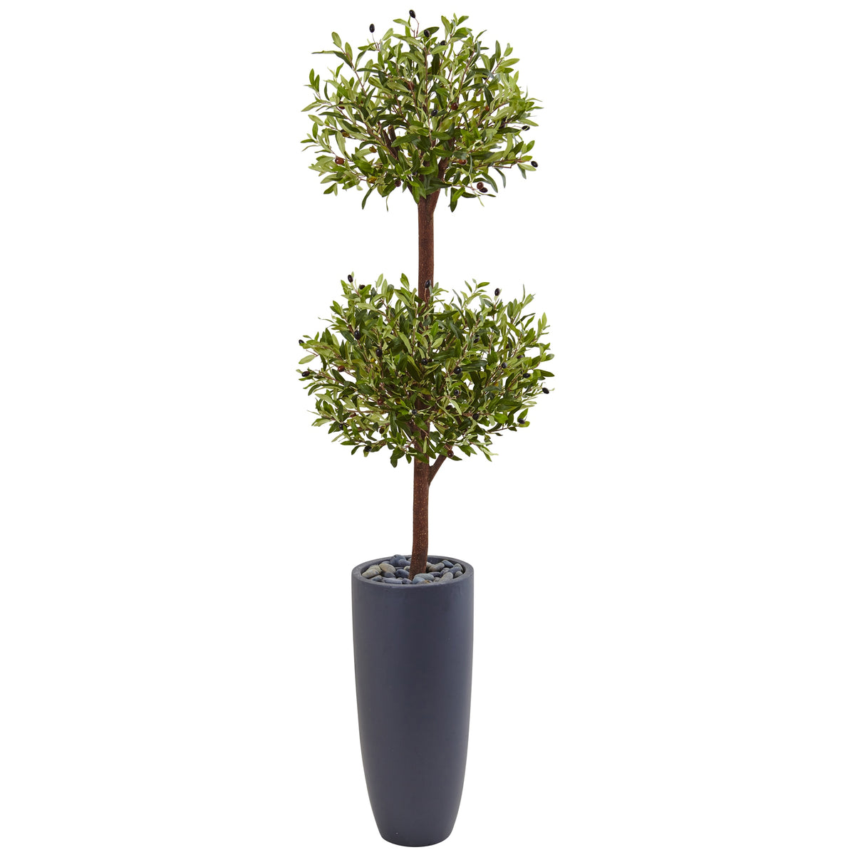 6' Olive Double Tree in Gray Cylinder Planter by Nearly Natural