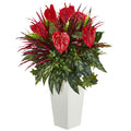 33" Mixed Anthurium Plant in White Tower Vase by Nearly Natural