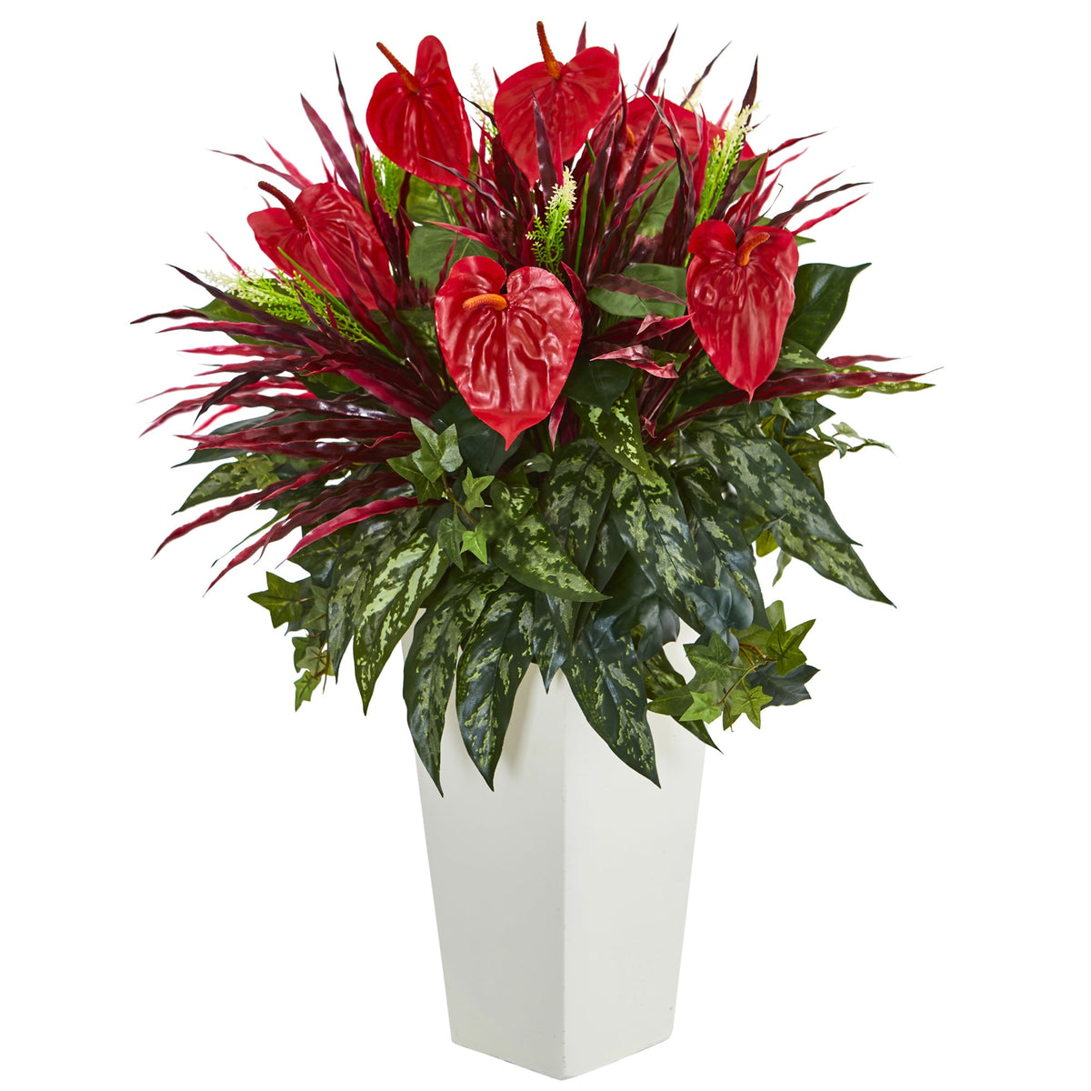 33" Mixed Anthurium Plant in White Tower Vase by Nearly Natural