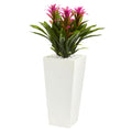 26" Triple Bromeliad Plant in White Tower Planter by Nearly Natural in Purple