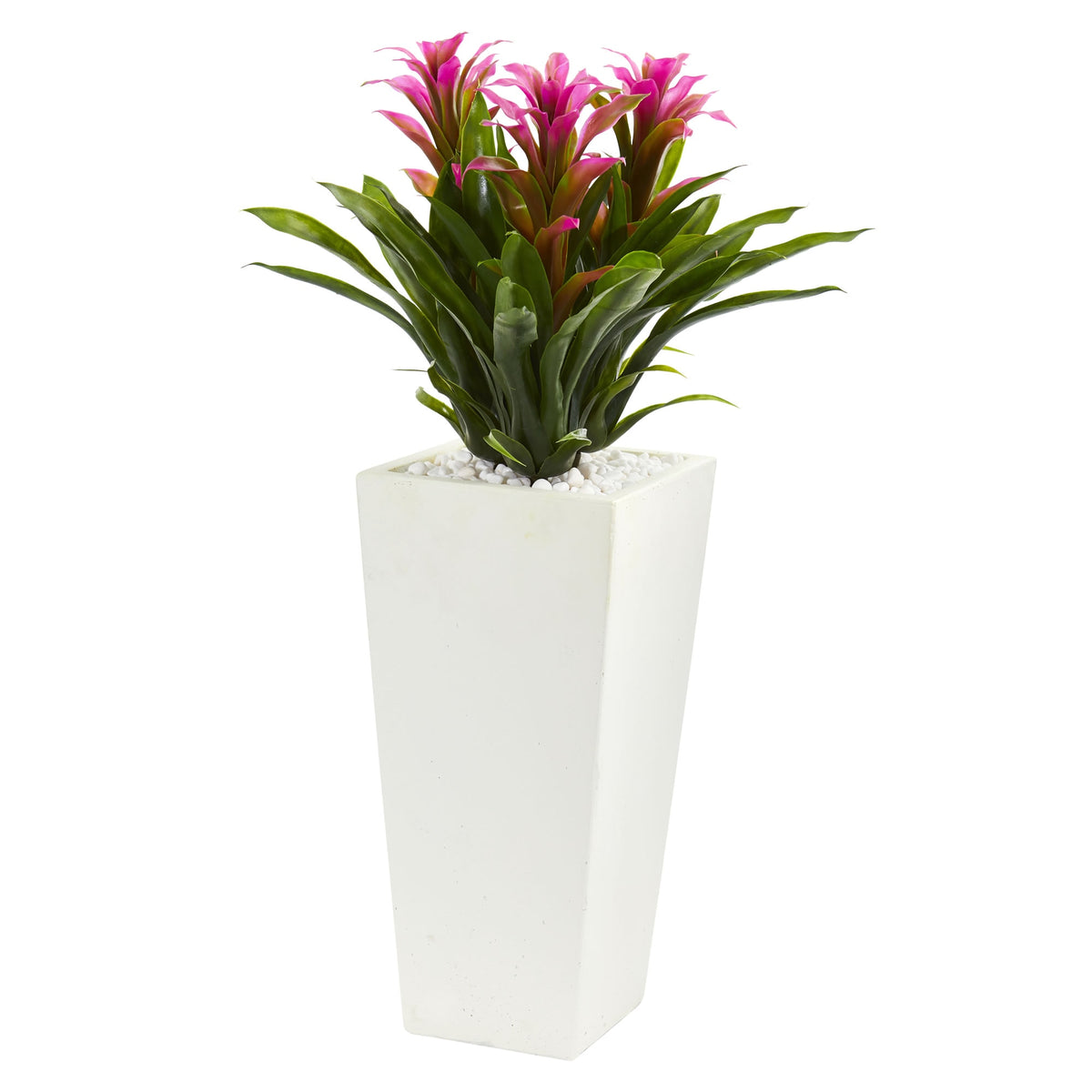 26" Triple Bromeliad Plant in White Tower Planter by Nearly Natural in Purple