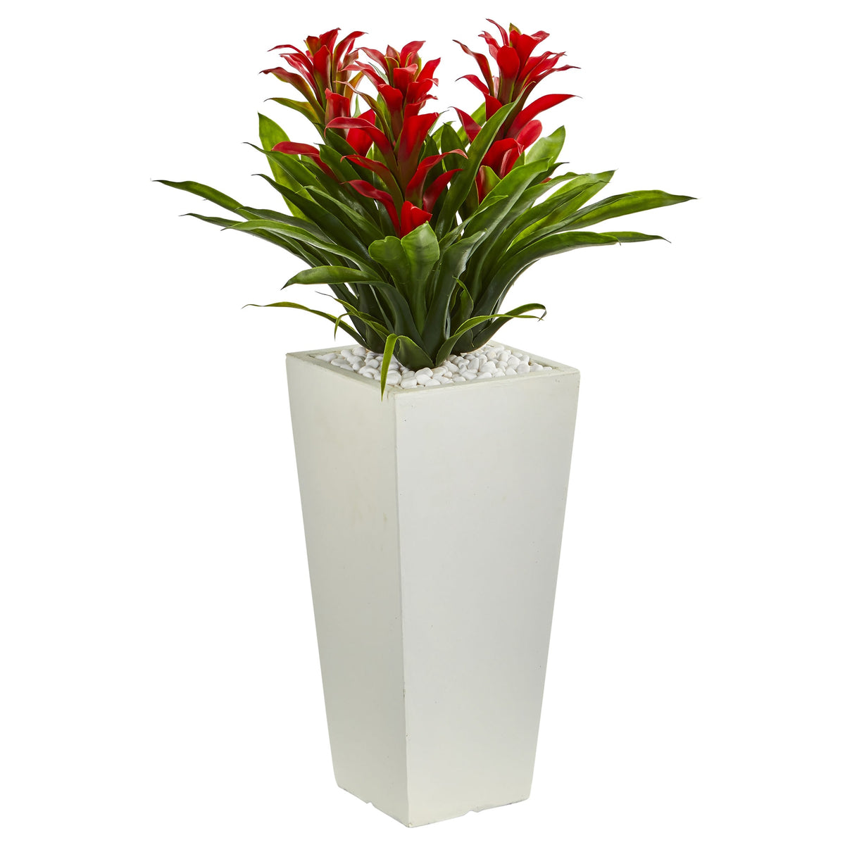 26" Triple Bromeliad Plant in White Tower Planter by Nearly Natural in Red