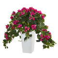 23" Bougainvillea Plant in White Tower Planter by Nearly Natural in Beauty