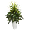 4' Mixed River Fern and Dogtail Bush in White Tower Planter by Nearly Natural