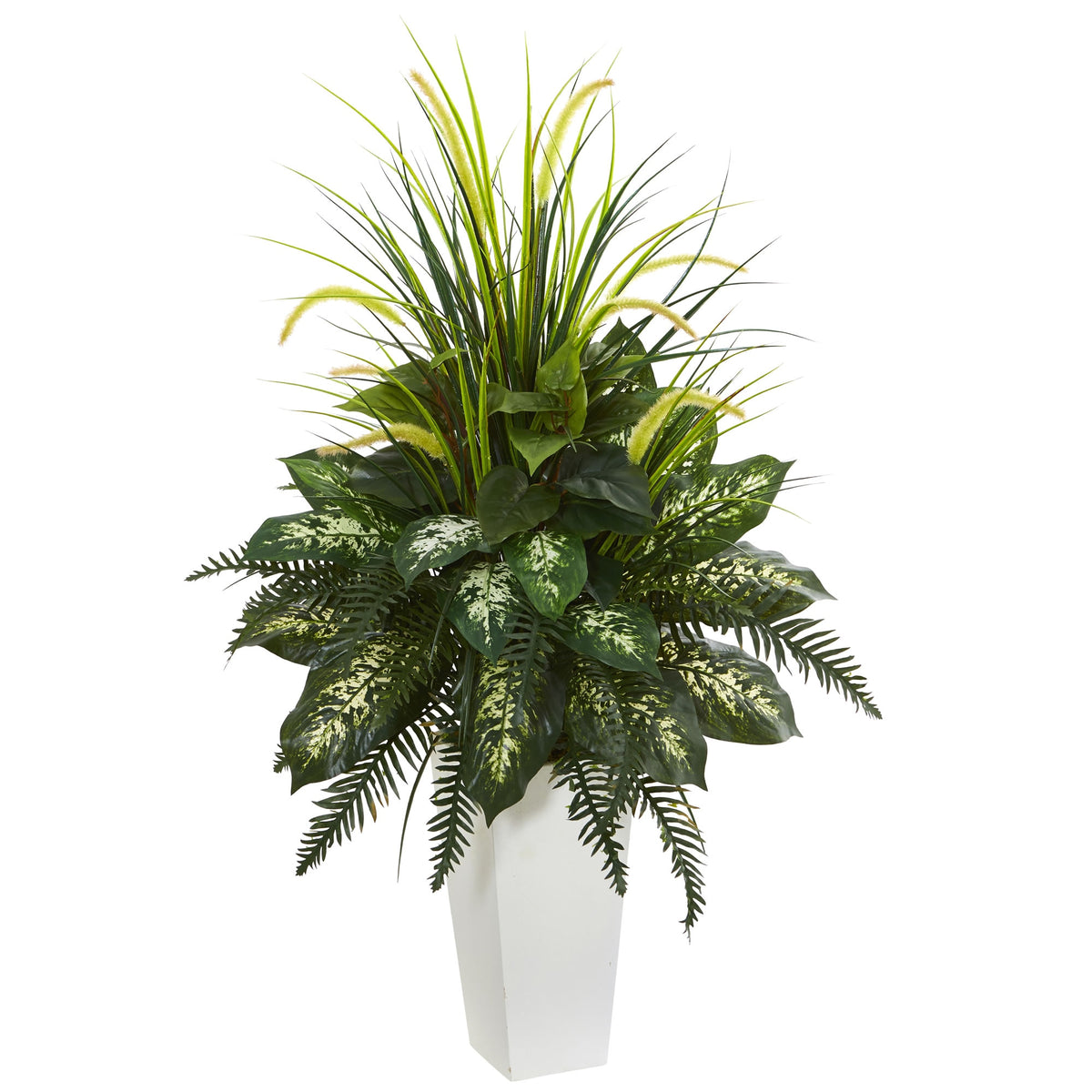 4' Mixed River Fern and Dogtail Bush in White Tower Planter by Nearly Natural