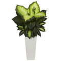 34" Golden Dieffenbachia Plant in White Tower Planter by Nearly Natural