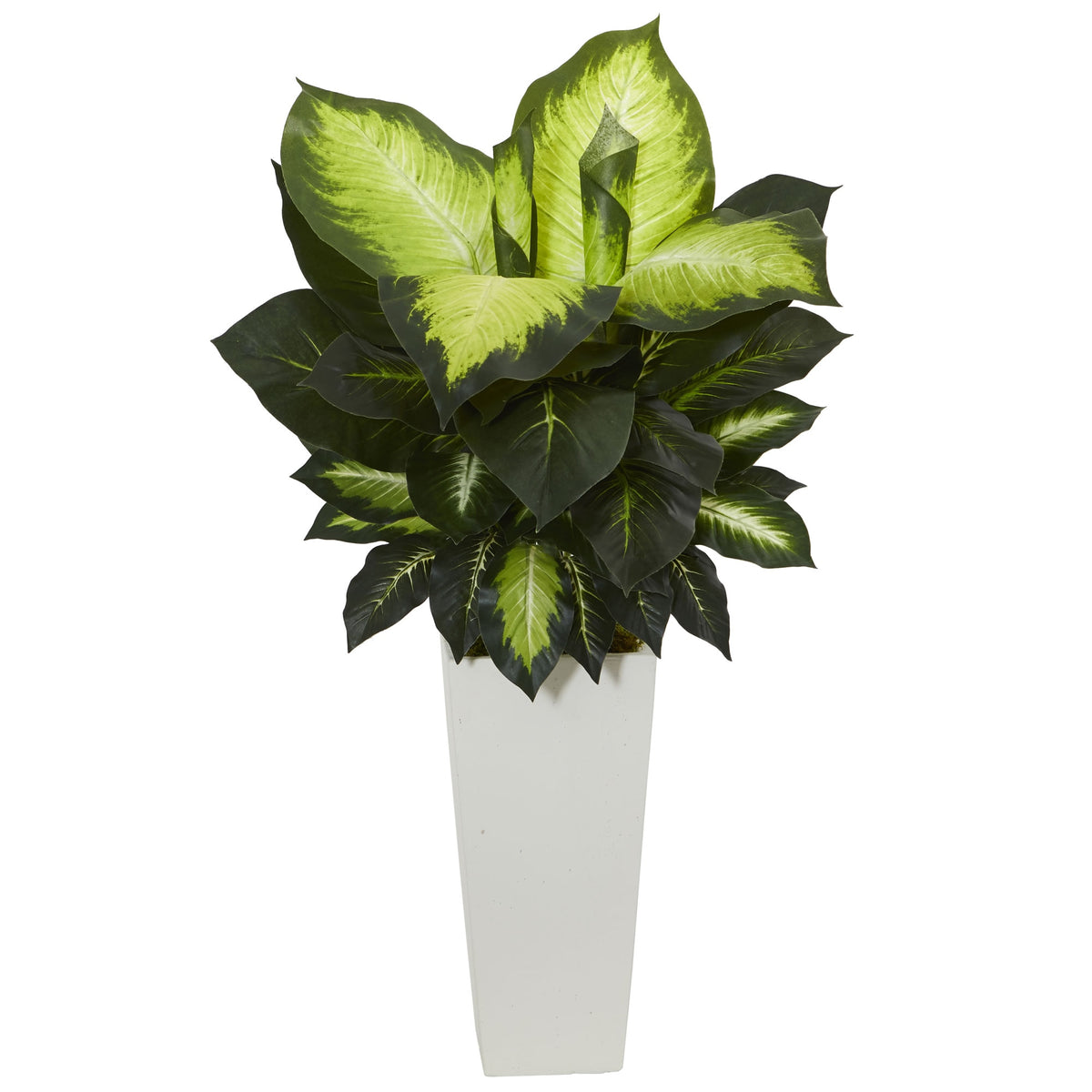 34" Golden Dieffenbachia Plant in White Tower Planter by Nearly Natural