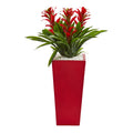 26" Triple Bromeliad Artificial Plant in Red Planter by Nearly Natural in Red