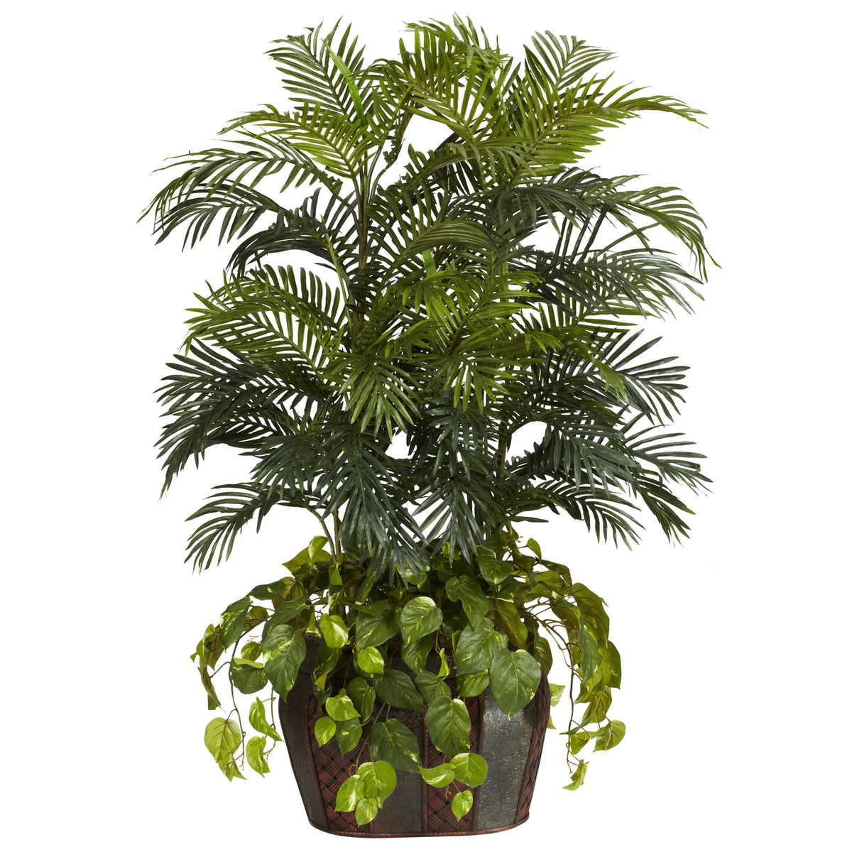 4.5' Double Areca w/Vase & Pothos Silk Plant by Nearly Natural in Green