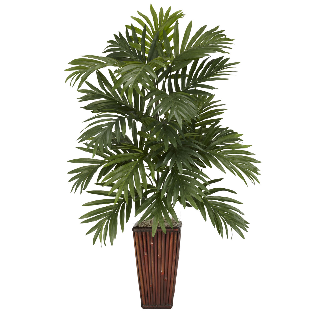 Areca Palm w/Bamboo Vase Silk Plant by Nearly Natural in Green