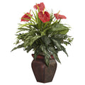 Mixed Greens & Anthurium w/Decorative Vase Silk Plant by Nearly Natural in Red
