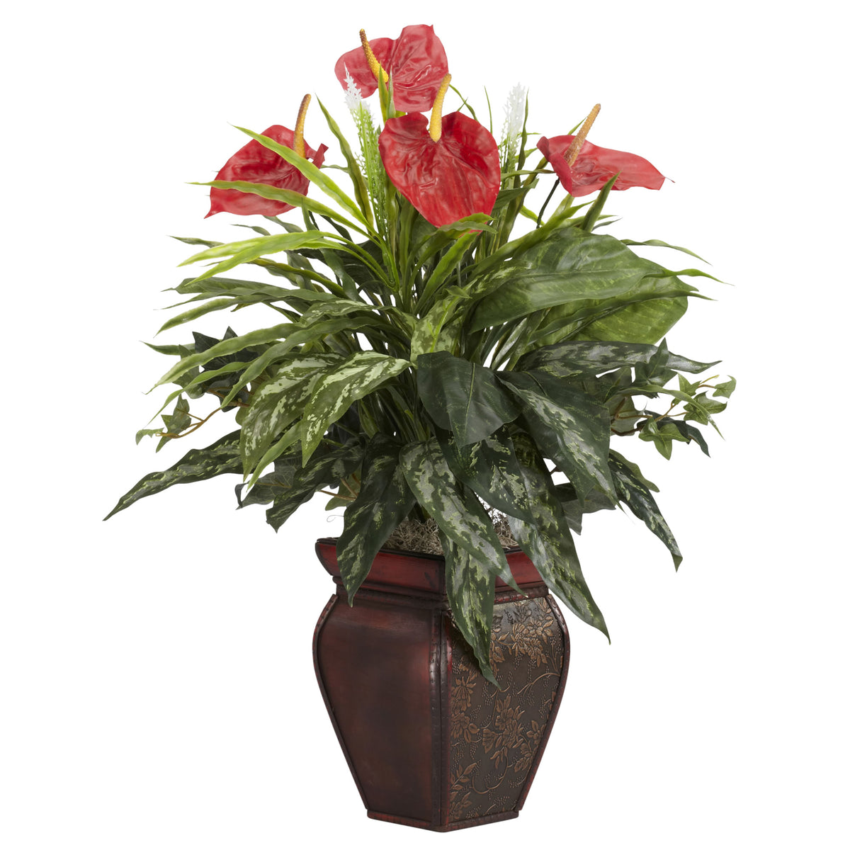 Mixed Greens & Anthurium w/Decorative Vase Silk Plant by Nearly Natural in Red