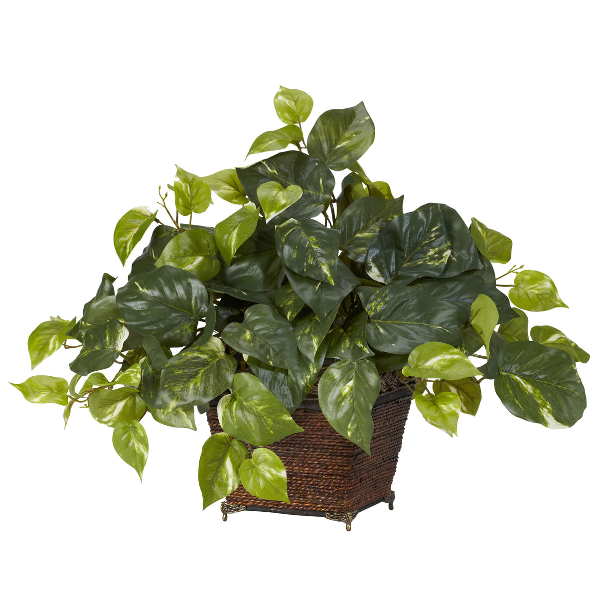 Pothos w/Coiled Rope Planter Silk Plant by Nearly Natural in Green