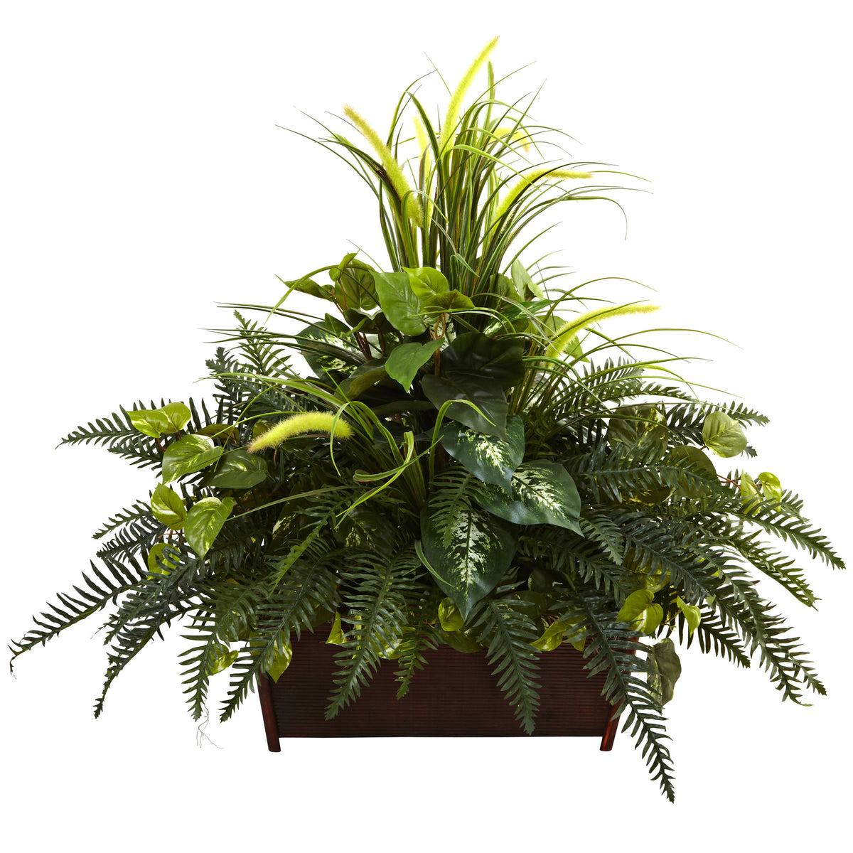 Mixed Grass & River Fern w/Wood Planter by Nearly Natural