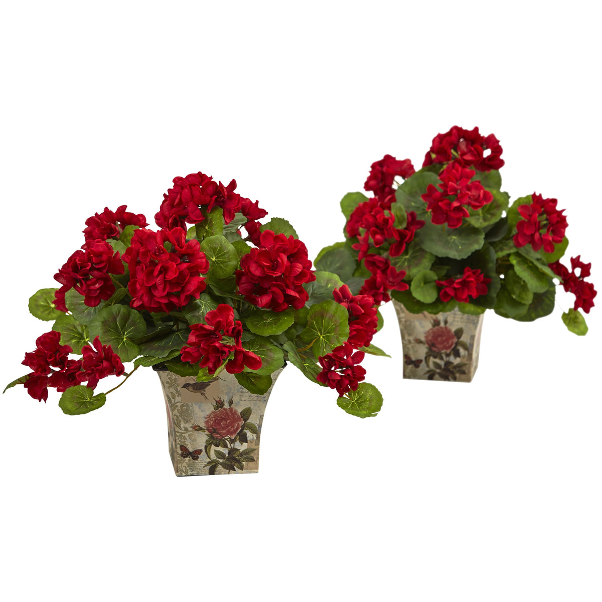 11" Geranium Flowering Plant with Floral Planter (set of 2) by Nearly Natural