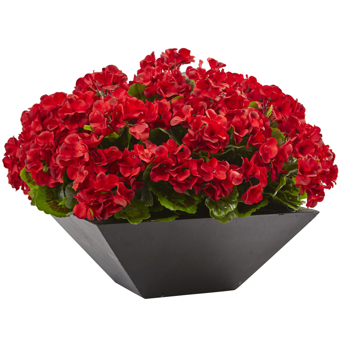 15" Geranium with Black Planter UV Resist (Indoor/Outdoor) by Nearly Natural in Red