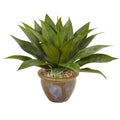 14" Agave in Glazed Clay Pot by Nearly Natural