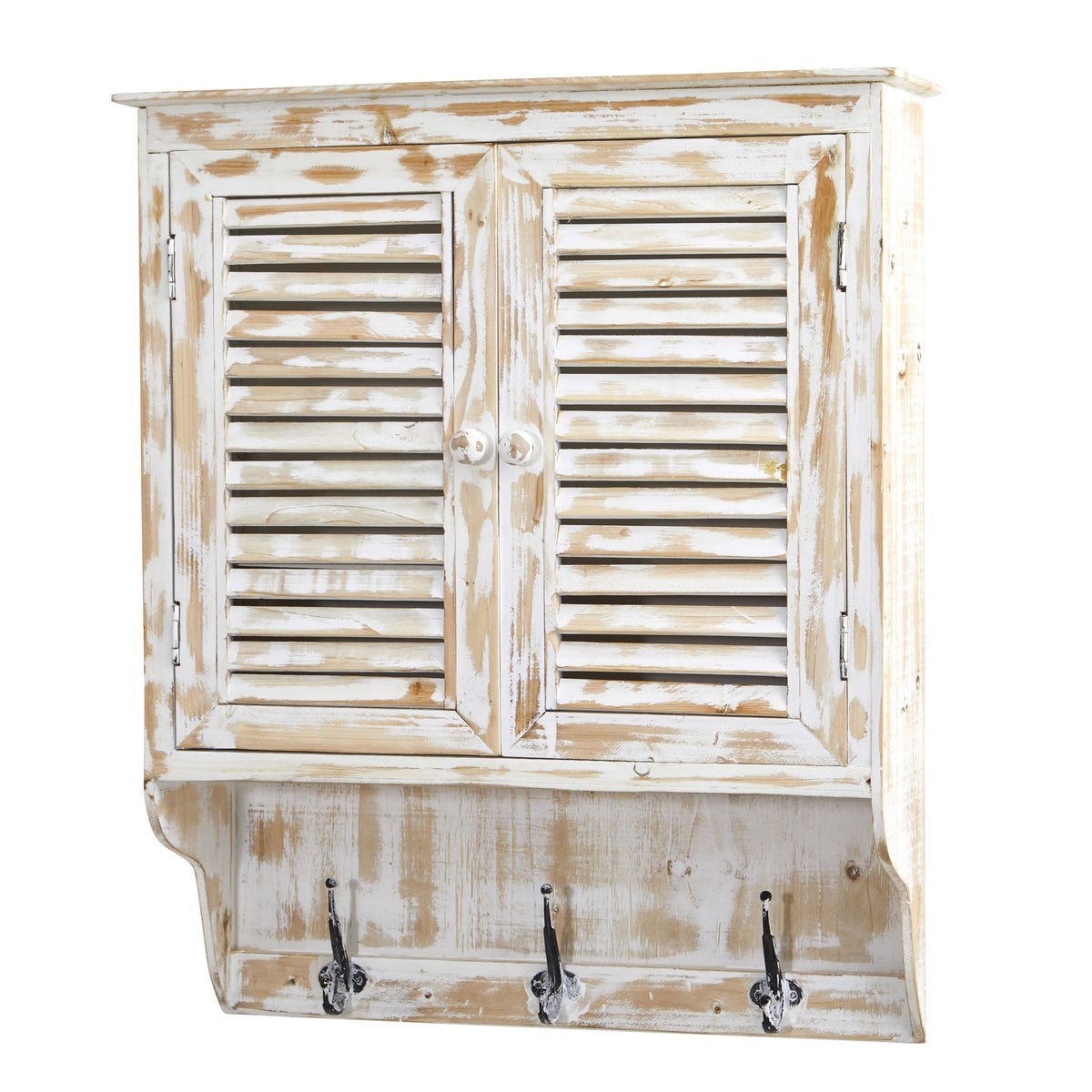 32" White Washed Wall Cabinet with Hooks by Nearly Natural