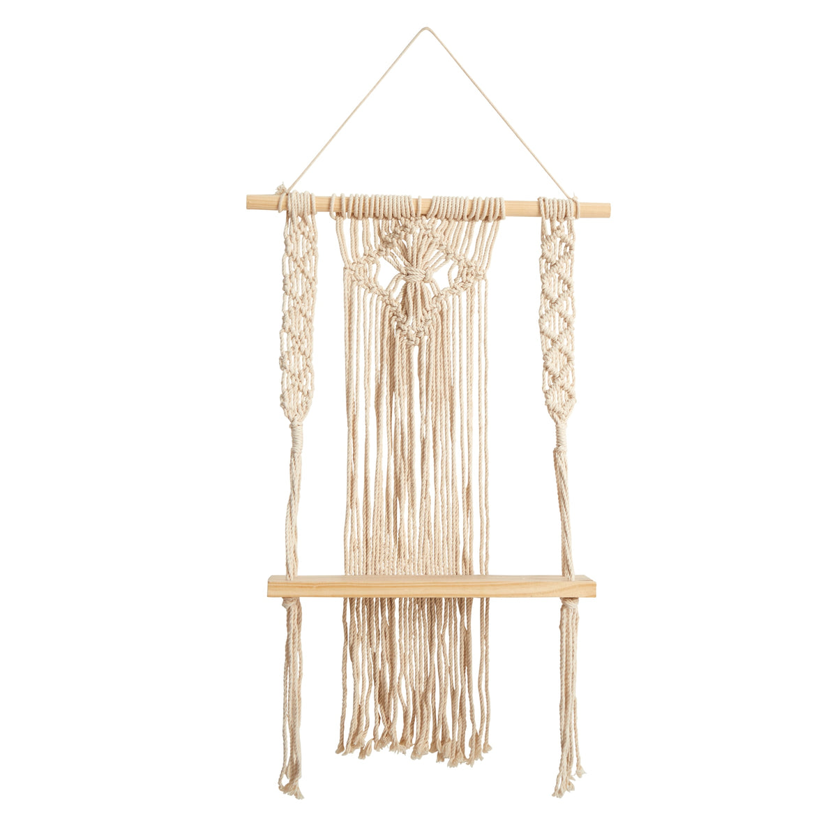 24" Boho Chic Wood Macrame Single Shelf Woven Diamond by Nearly Natural