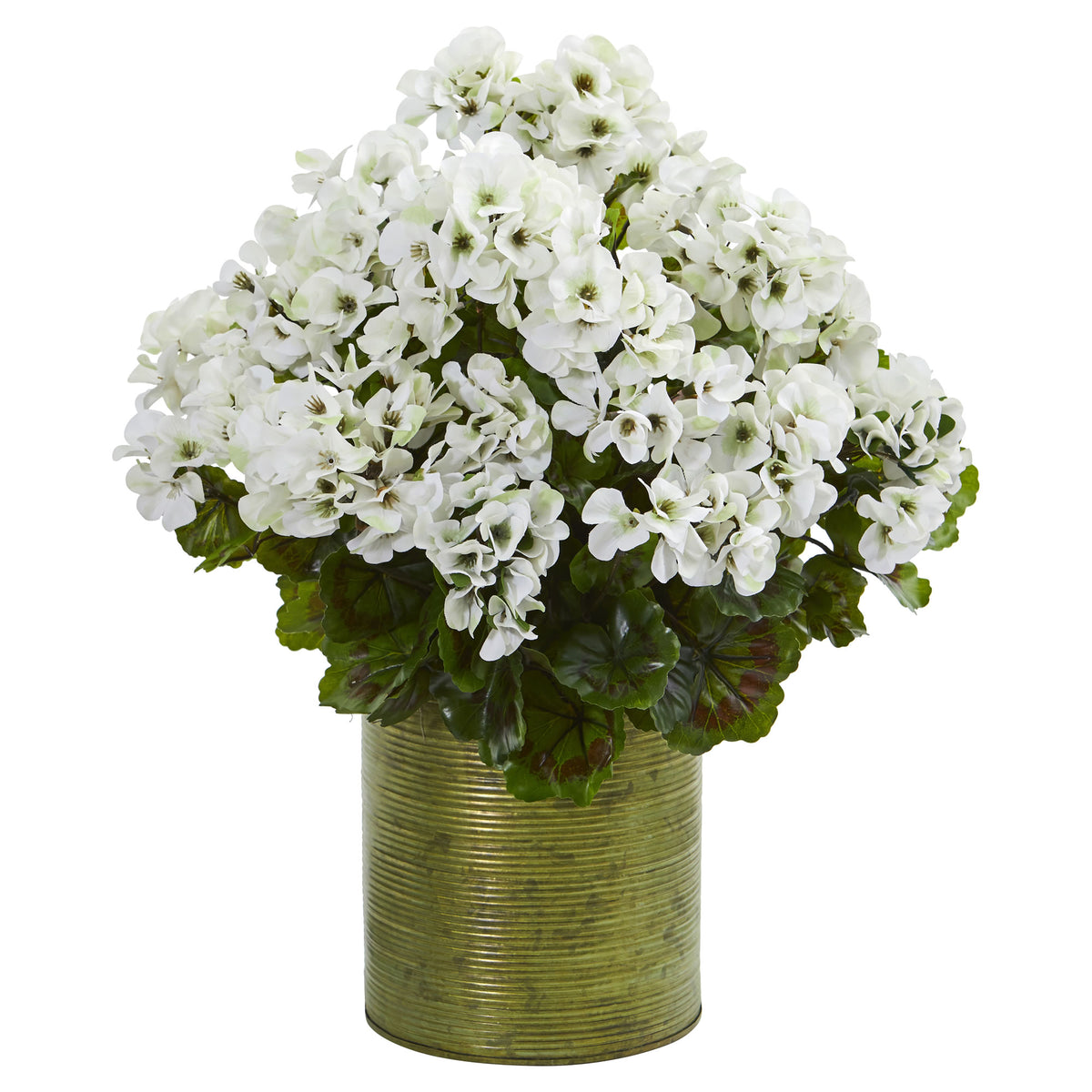 20" Geranium Artificial Plant in Metal Planter UV Resistant by Nearly Natural in White