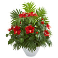 27" Hibiscus and Areca Palm Artificial Plant in White Bowl by Nearly Natural