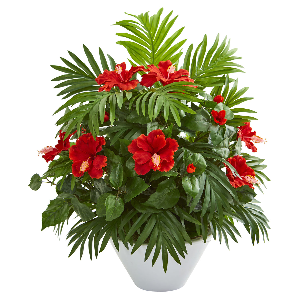 27" Hibiscus and Areca Palm Artificial Plant in White Bowl by Nearly Natural