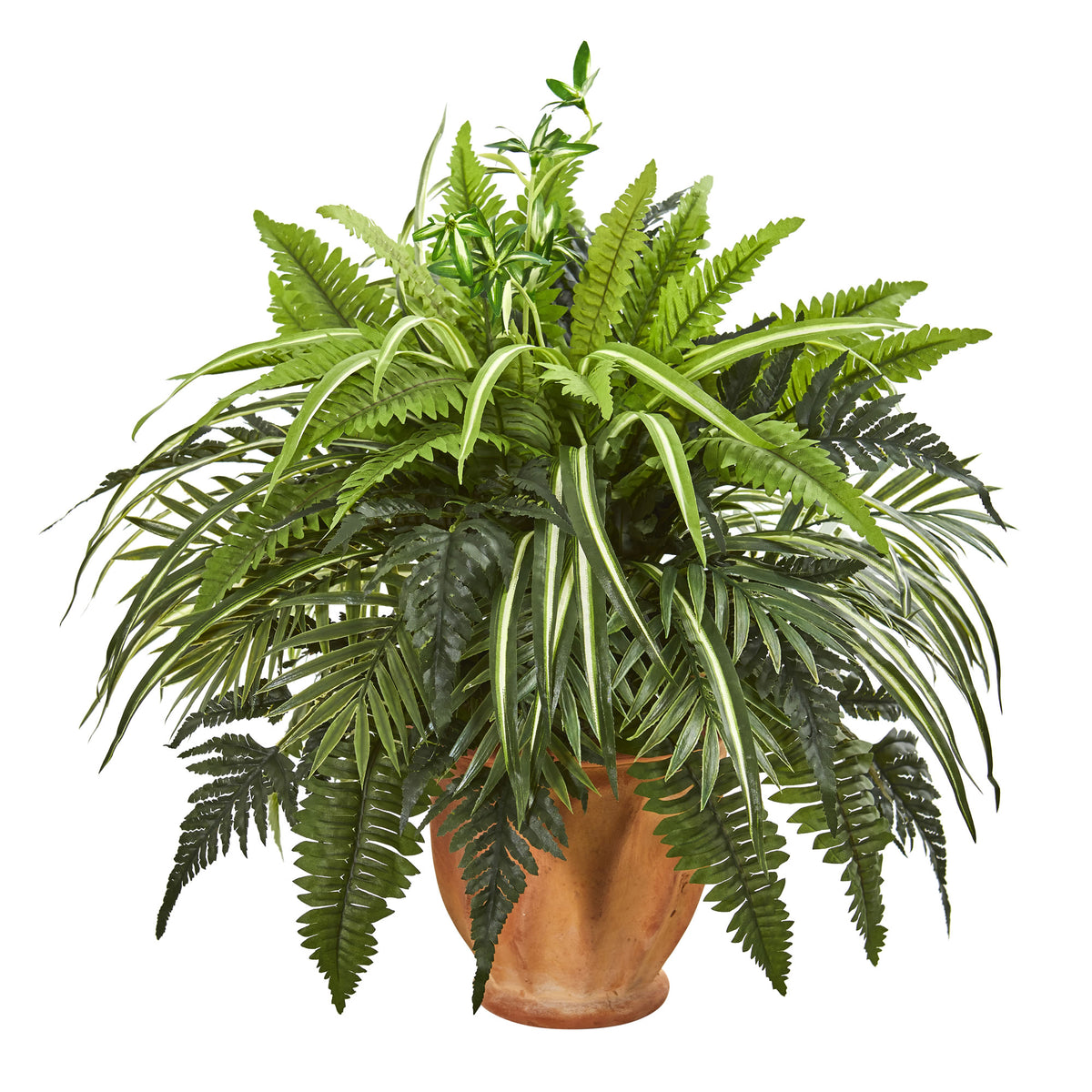 23" Mixed Greens and Fern Plant in Terra Cotta Planter by Nearly Natural