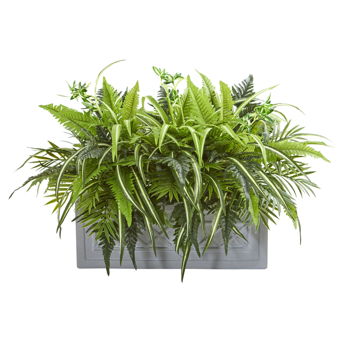 30" Mixed Greens and Fern Artificial in Stone Planter by Nearly Natural