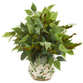 13" Mixed Ficus Fittonia and Berries Plant in Floral Vase by Nearly Natural