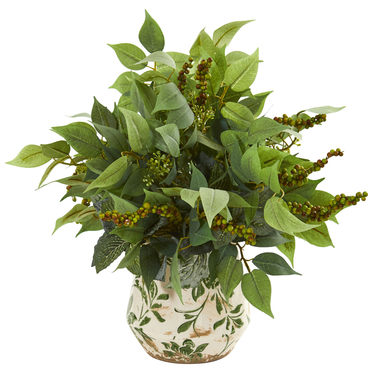 13" Mixed Ficus Fittonia and Berries Plant in Floral Vase by Nearly Natural
