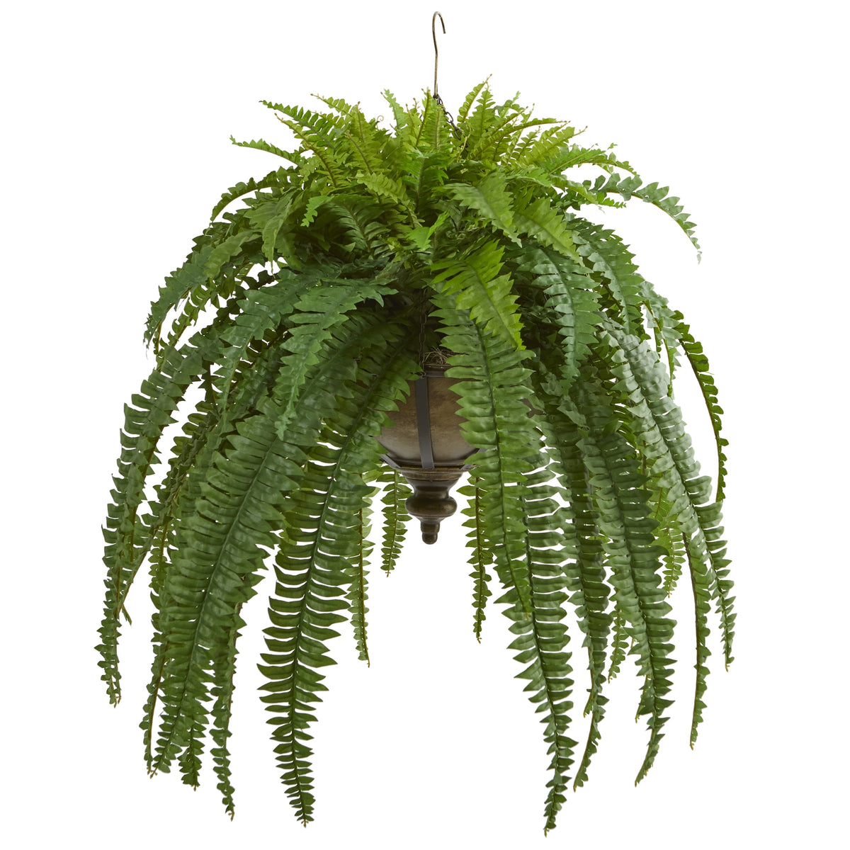 39" Boston Fern Artificial Plant in Metal Hanging Bowl by Nearly Natural