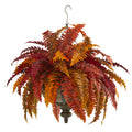 28" Autumn Boston Fern Plant in Hanging Metal Bowl by Nearly Natural