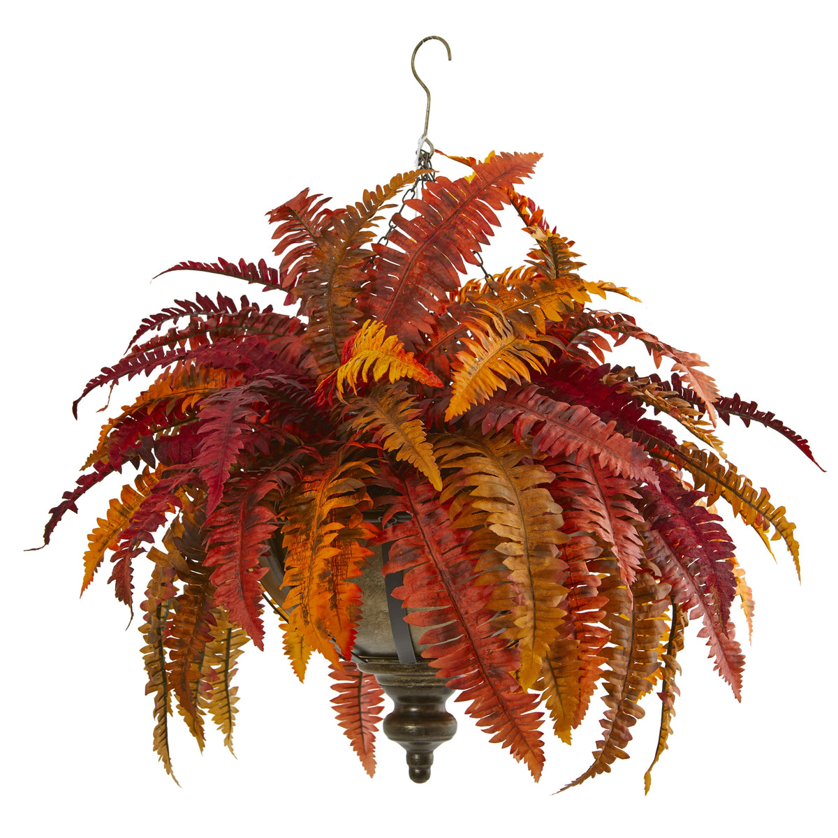 28" Autumn Boston Fern Plant in Hanging Metal Bowl by Nearly Natural