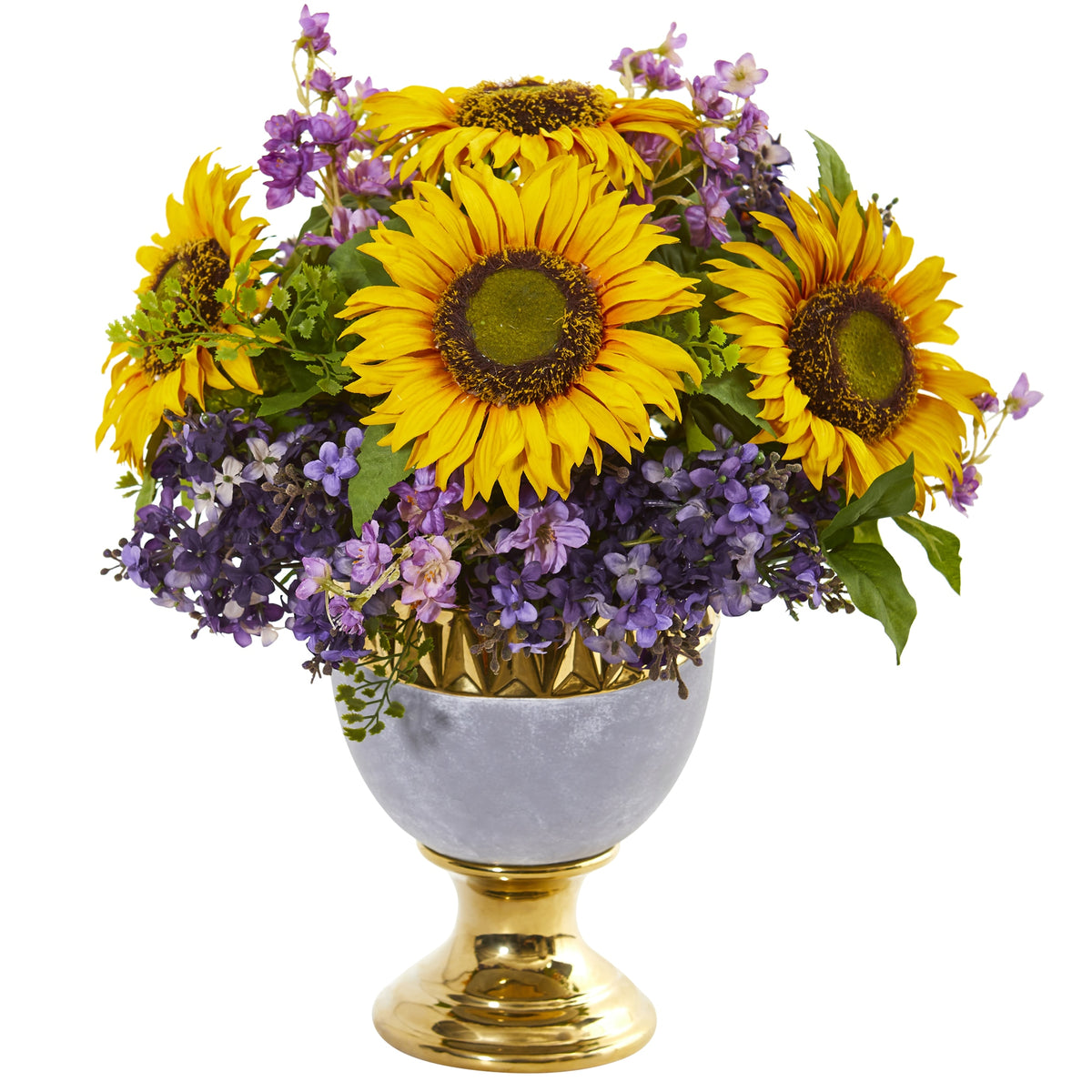16" Sunflower and Lilac Arrangement in Stoneware Urn by Nearly Natural