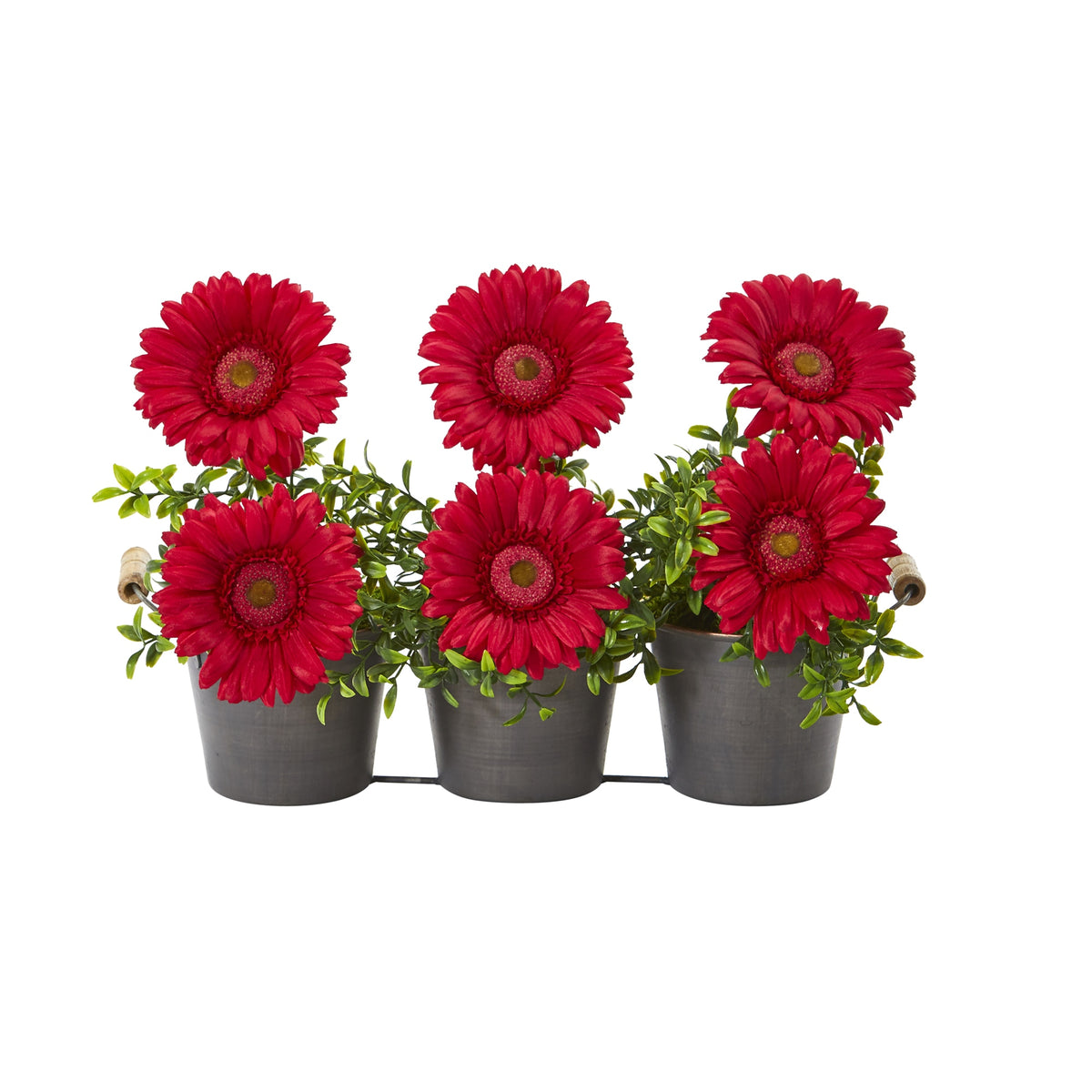 14" Gerber Daisy Artificial Arrangement in Trio Metal Vase by Nearly Natural in Red