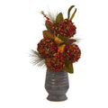 26" Hydrangea Pear and Magnolia Arrangement in Metal Vase by Nearly Natural