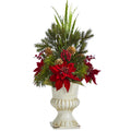 28" Poinsettia Grass and Succulent Arrangement in White Urn by Nearly Natural