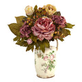 18" Peony Artificial Arrangement in Floral Pitcher by Nearly Natural