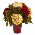 14" Peony Hydrangea and Dahlia Arrangement in Burgundy Vase by Nearly Natural