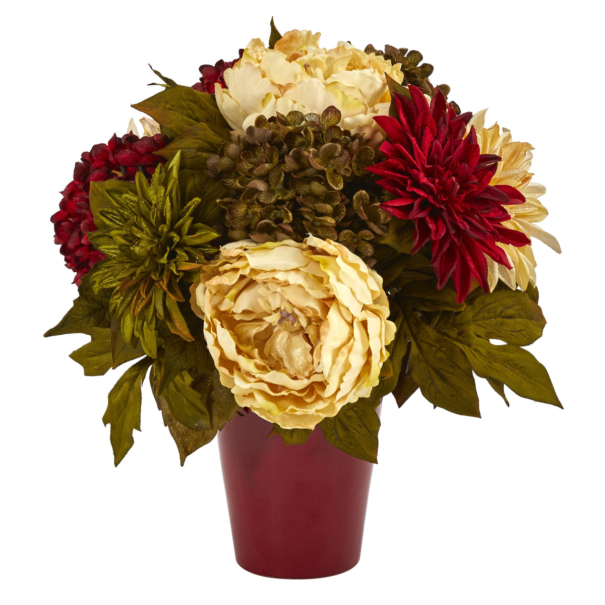 14" Peony Hydrangea and Dahlia Arrangement in Burgundy Vase by Nearly Natural