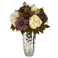 22" Peony Hydrangea and Dahlia Arrangement in Silver Vase by Nearly Natural