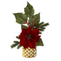 21" Poinsettia Berries and Pine Arrangement in Gold Vase by Nearly Natural