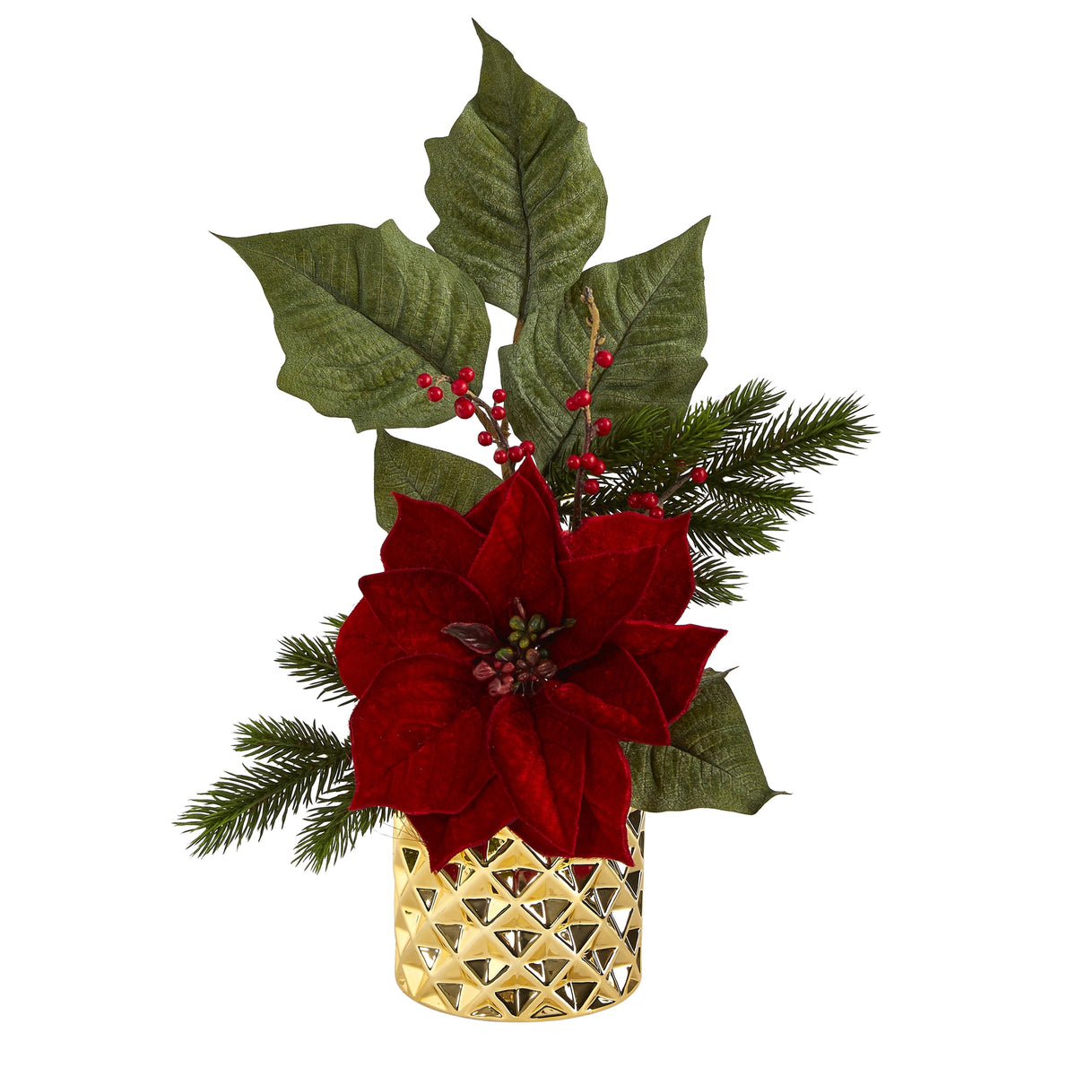 21" Poinsettia Berries and Pine Arrangement in Gold Vase by Nearly Natural
