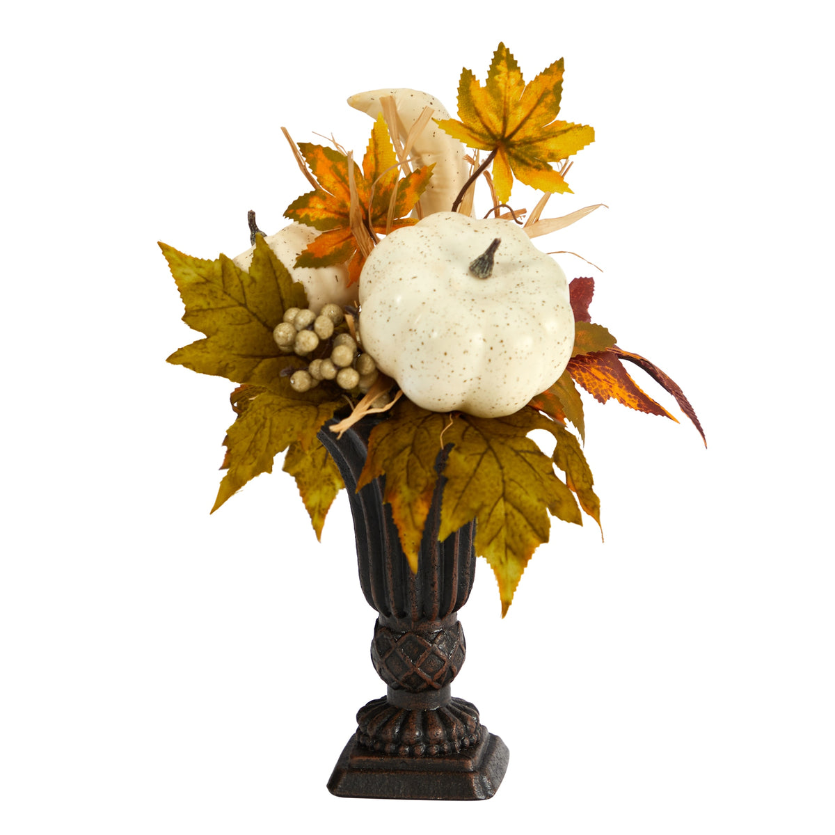 13" Fall Pumpkin and Berries Arrangement in Decorative Urn by Nearly Natural