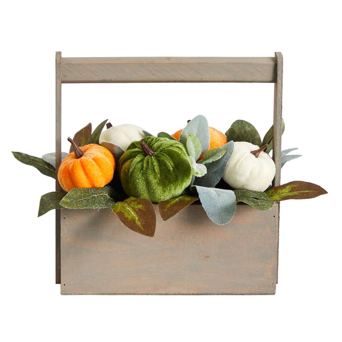 10" Fall Pumpkin Autumn Arrangement in Wood Basket by Nearly Natural