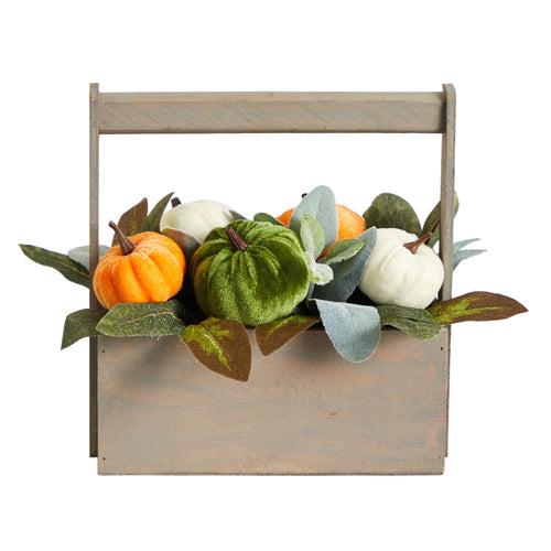 10" Fall Pumpkin Autumn Arrangement in Wood Basket by Nearly Natural