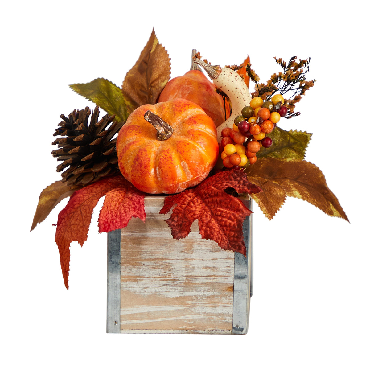 8" Pumpkin and Pinecones Arrangement in Natural Washed Vase by Nearly Natural