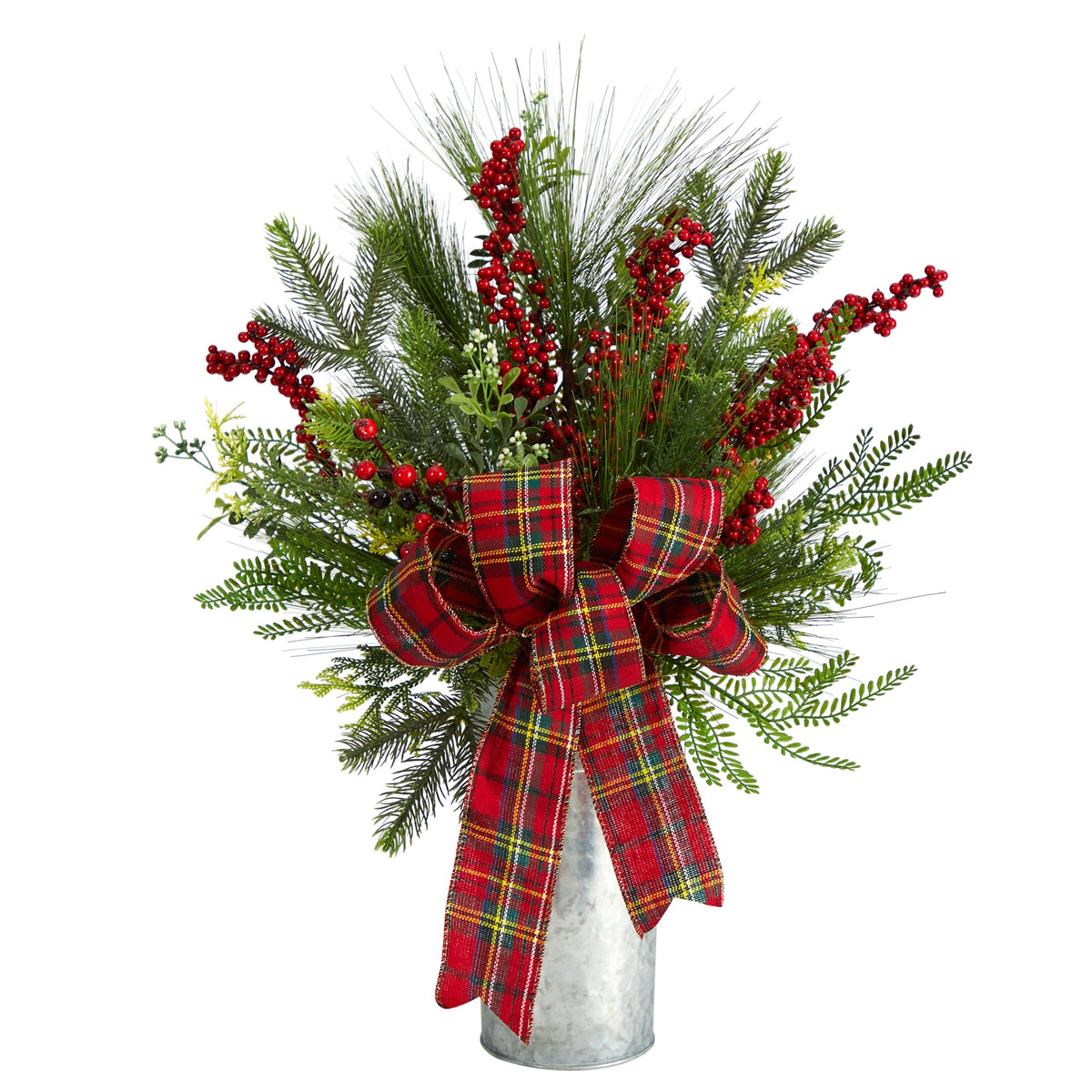 28" Christmas Arrangement with Bow in Decorative Vase by Nearly Natural